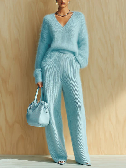 Women's Fluffy V-Neck Oversized Sweater & Wide-Rib Wide-Leg Knit Trouser Set