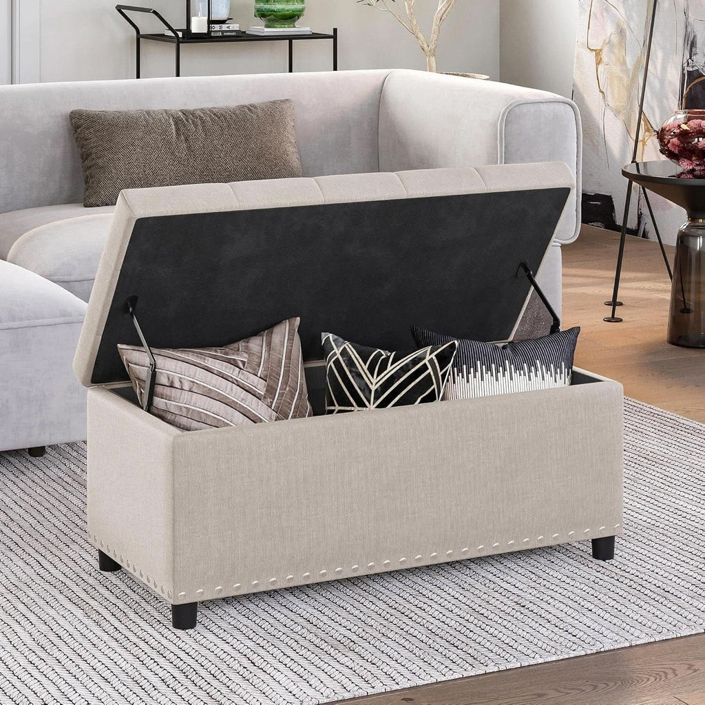 Rectangular Thirty Five Inch Beige Tufted Storage Ottoman Upholstered