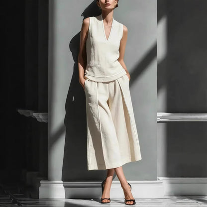 Women's Sleeveless Linen Shirt & Cropped Pants Set – Casual 2-Piece Outfit