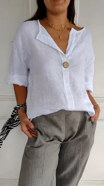 Women's V-Neck Long-Sleeve Button Top – Loose Fit Casual Blouse