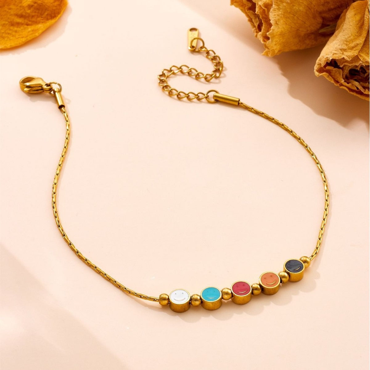 Retro colorful round smiley face interlocking titanium steel bracelet