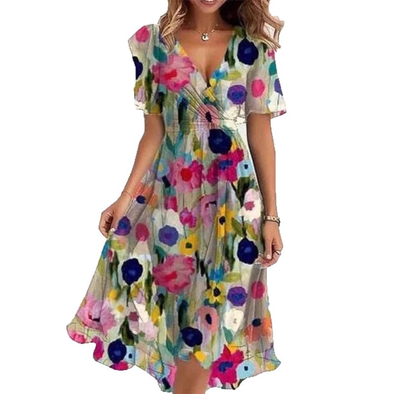 Floral Print A-Line Dress – V-Neck Short Sleeve Midi Dress