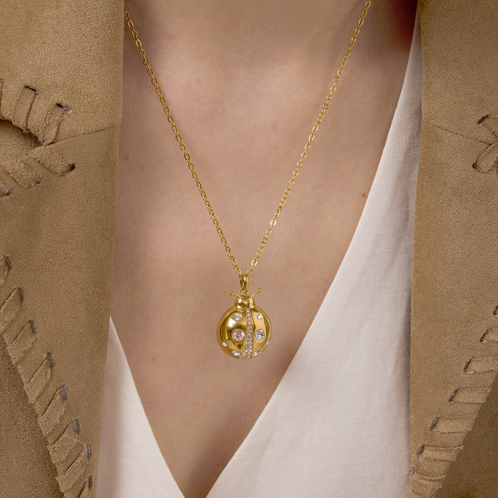 18k gold ladybug titanium steel necklace and earrings