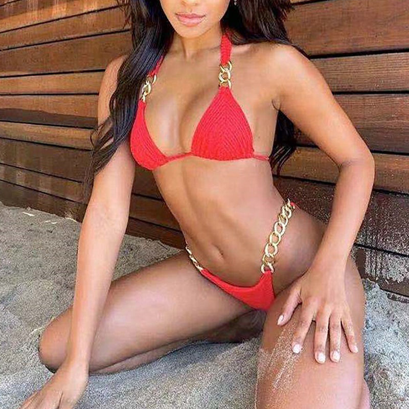 Halter Retro Bikinis Triangle Swimsuit Women Diamond Chain Bathing Suits Conjunto Biquinis Feminino Trajes De BañO Mujer