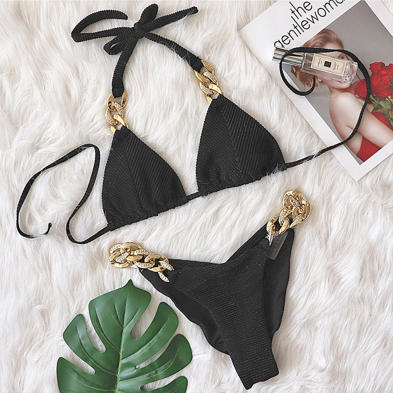 Halter Retro Bikinis Triangle Swimsuit Women Diamond Chain Bathing Suits Conjunto Biquinis Feminino Trajes De BañO Mujer