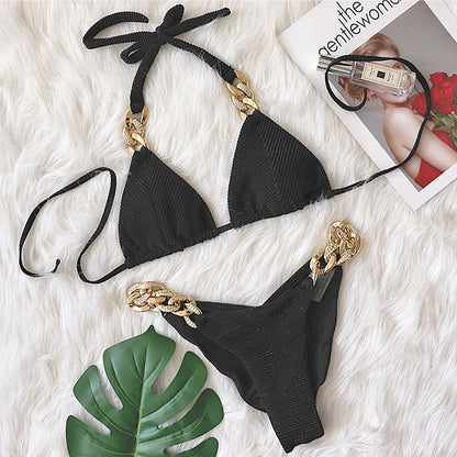 Halter Retro Bikinis Triangle Swimsuit Women Diamond Chain Bathing Suits Conjunto Biquinis Feminino Trajes De BañO Mujer