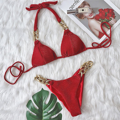 Halter Retro Bikinis Triangle Swimsuit Women Diamond Chain Bathing Suits Conjunto Biquinis Feminino Trajes De BañO Mujer