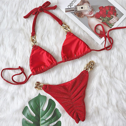 Halter Retro Bikinis Triangle Swimsuit Women Diamond Chain Bathing Suits Conjunto Biquinis Feminino Trajes De BañO Mujer