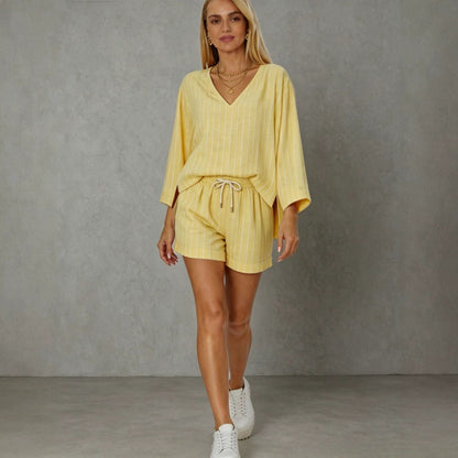 Women's Loose V-Neck Long Sleeve Striped Shorts Set – Casual Leisure