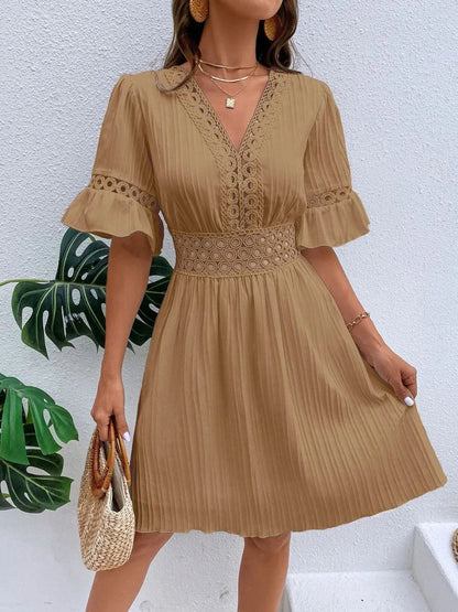 Cutout V-Neck Flounce Sleeve Mini Dress – Ruffled Lined Style
