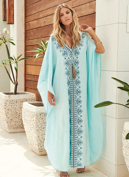 Rayon Embroidered Loose plus Size Casual Vacation Beach Coat Bikini Cover up Blouse Vacation Dress Women