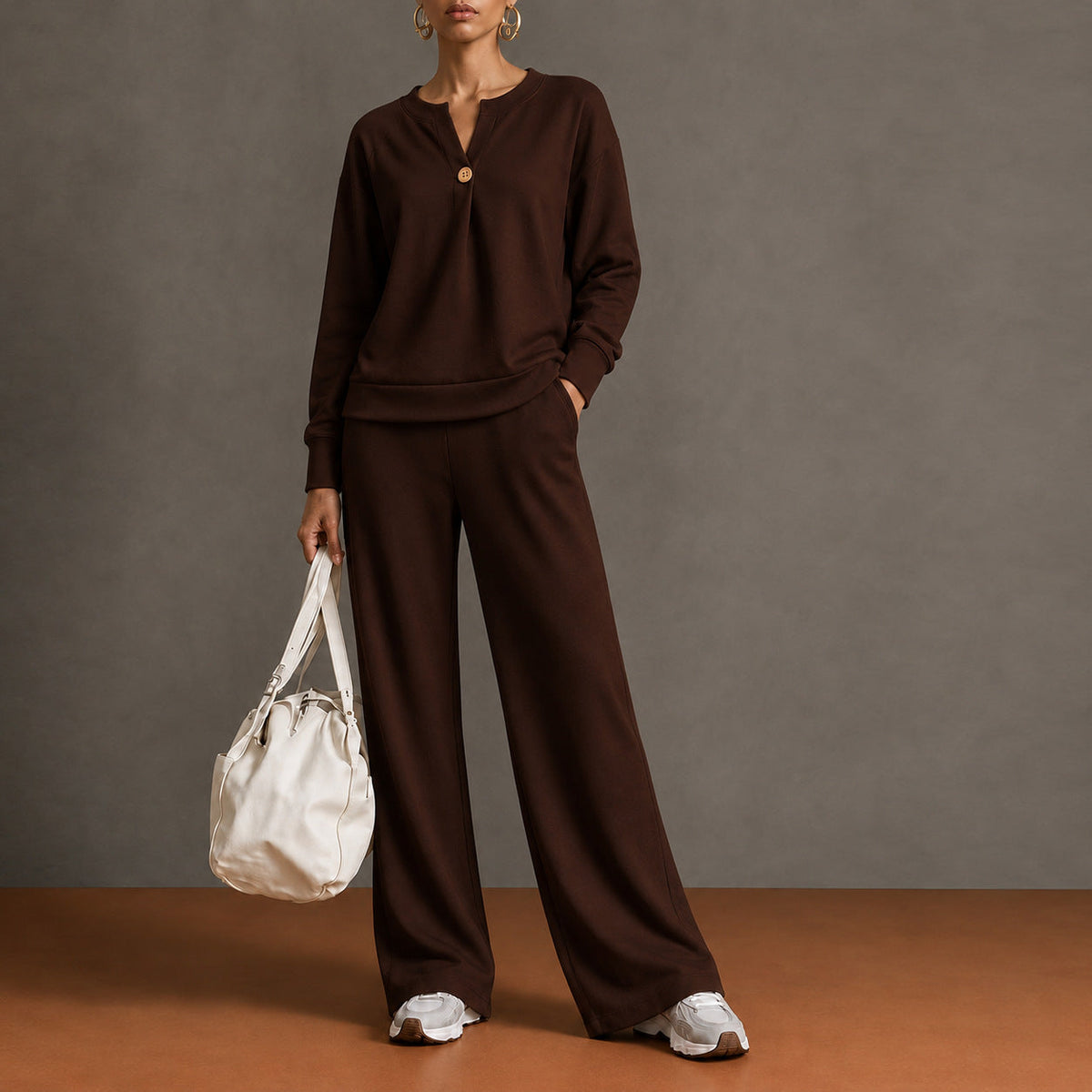 Women's Single-Button Split-Neck Sweatshirt & Wide-Leg Pants Set
