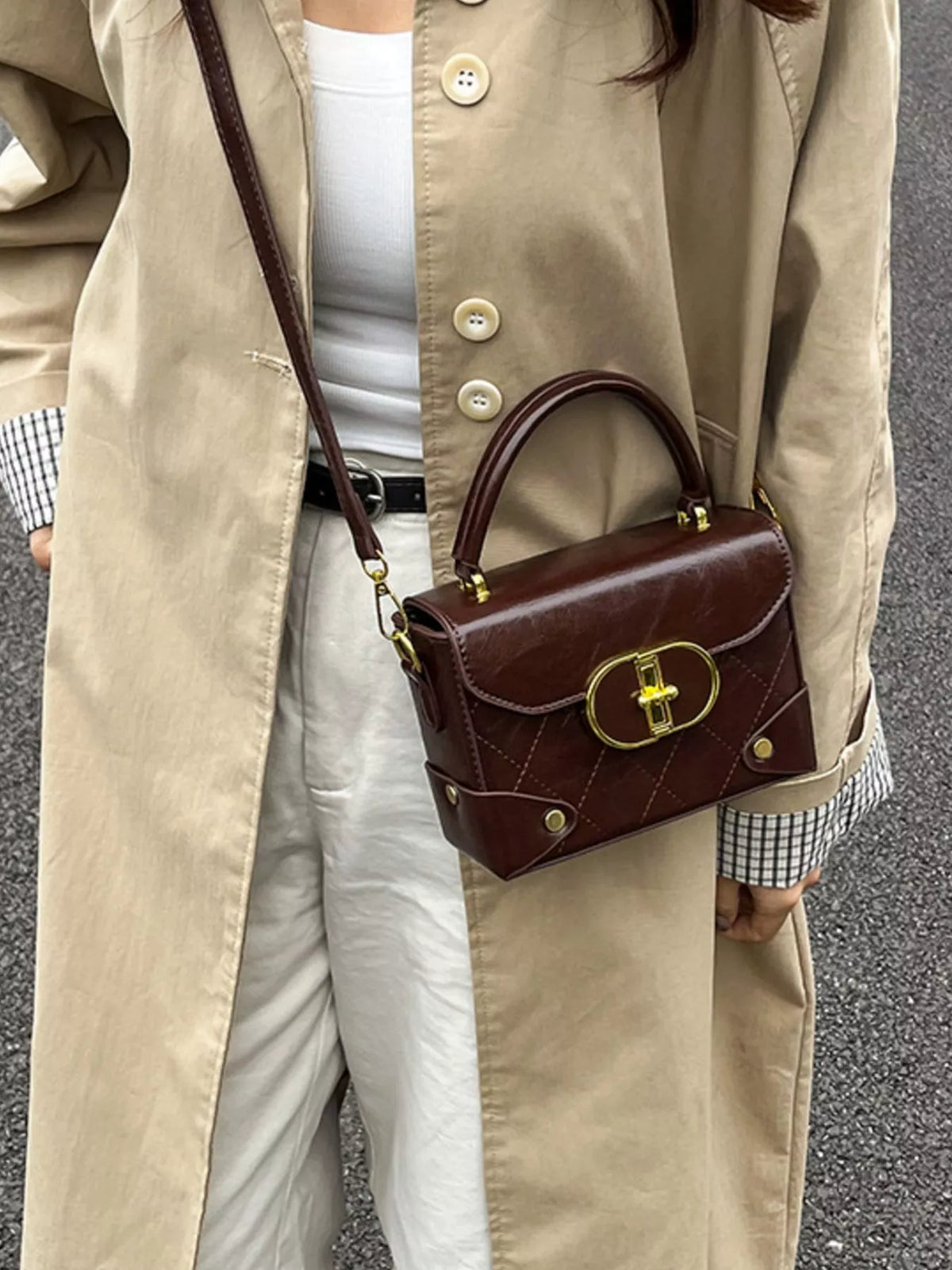 Quilted Pattern Top Handle Crossbody Bag