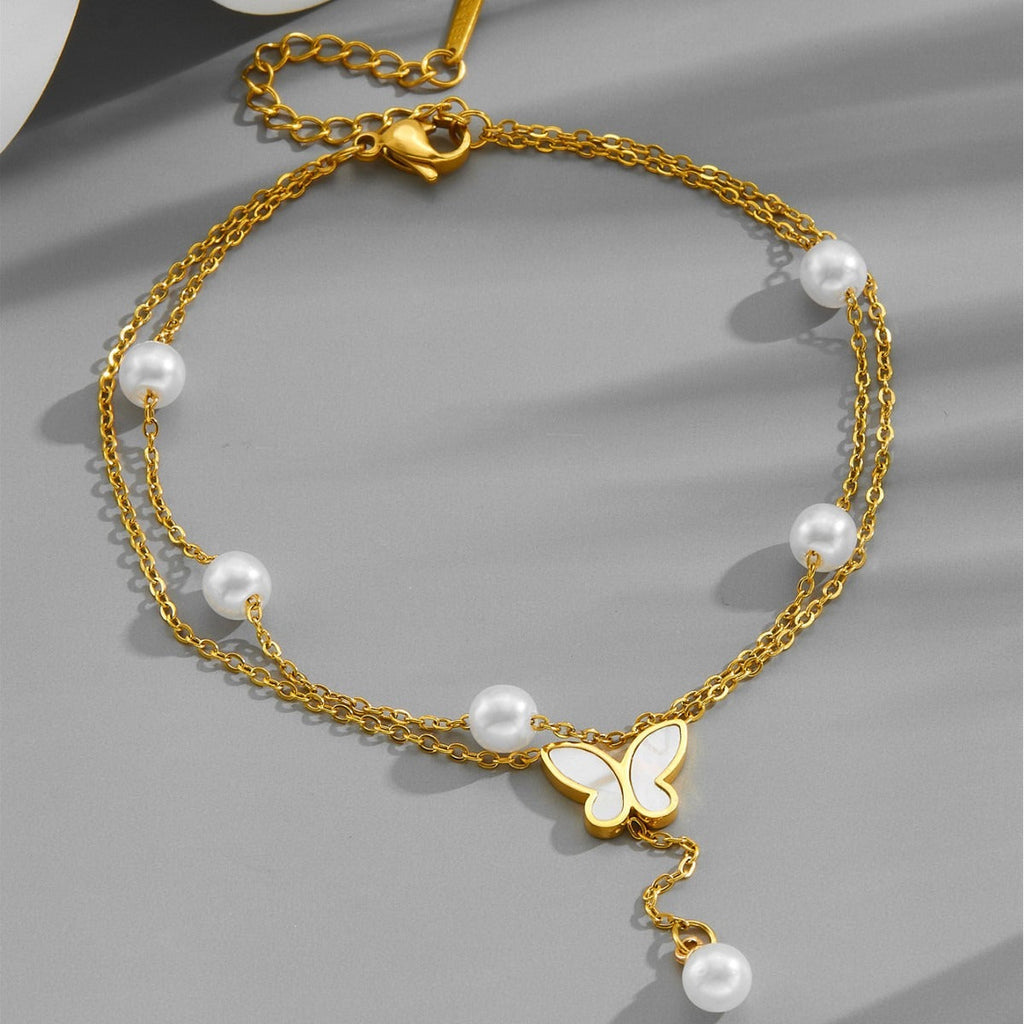 Light luxury multi-layer stacked pearl butterfly tassel titanium steel anklet