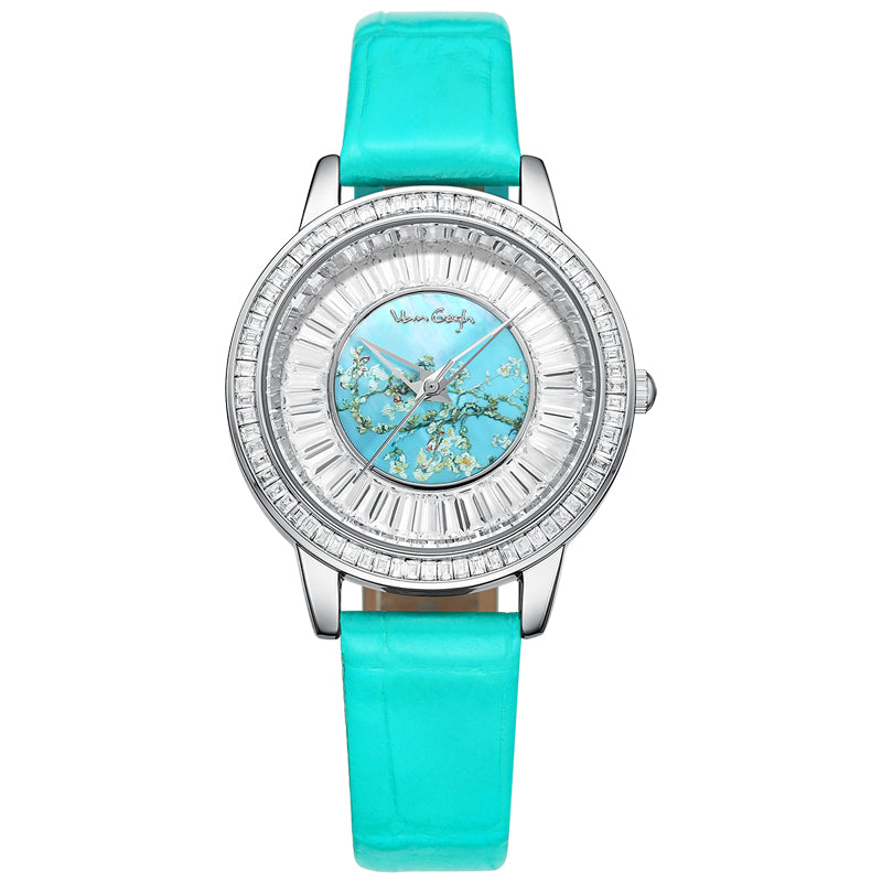 Van Gogh Women's Quartz Watch 3D Printed Oil Painting Dial Full Zirconium Leather Strap Series
