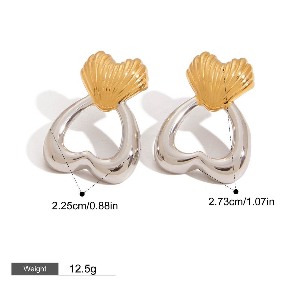 18K gold heart-shaped earrings with gold and silver color matching design, trendy and personalized