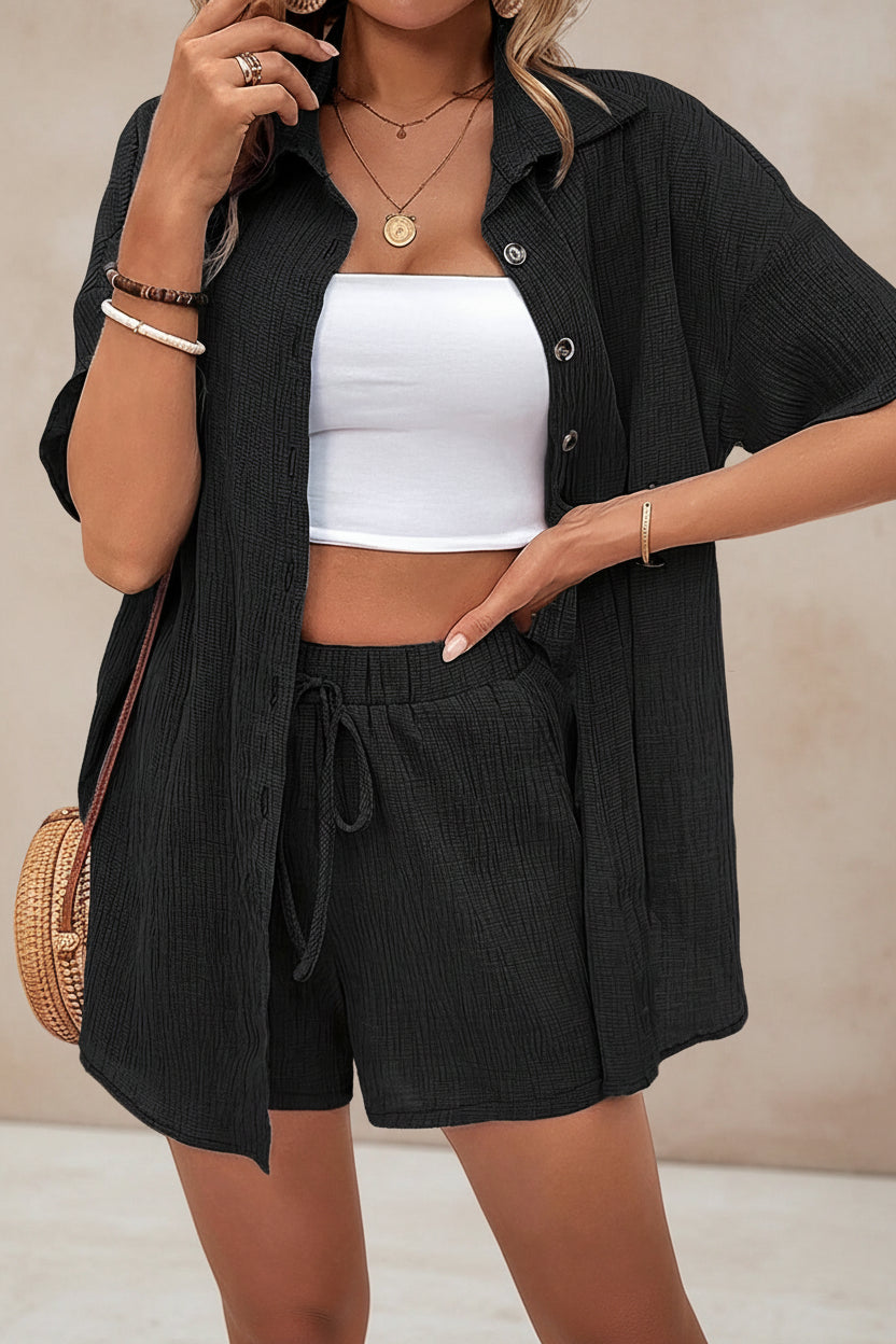 Women's Solid Color Button-Front Lace-Up Two-Piece Set