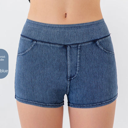 Denim-Look High-Waist Hip-Lifting Yoga Shorts – Slimming Tummy Control Fitness Shorts