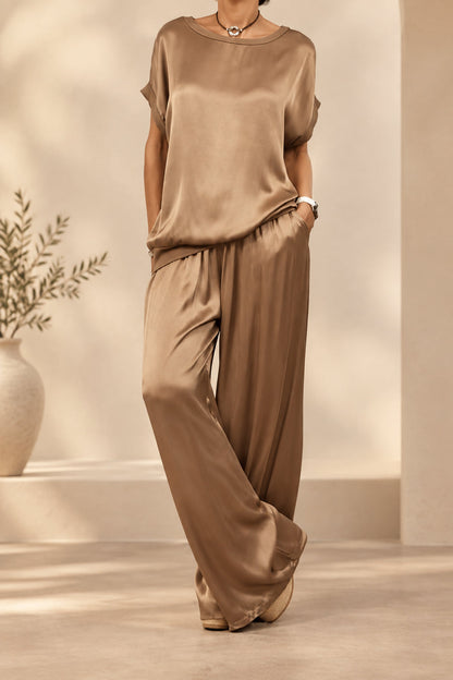 Women's 2-Piece Satin Set – Batwing-Sleeve Round-Neck Top & Wide-Leg Drawstring Trouser