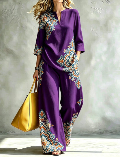 Printed Wide-Leg Trouser Set | V-Neck Top & Pants Two-Piece
