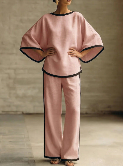 Loose Bat Sleeve Two-Piece Set – Round Neck Top & Wide Leg Pants