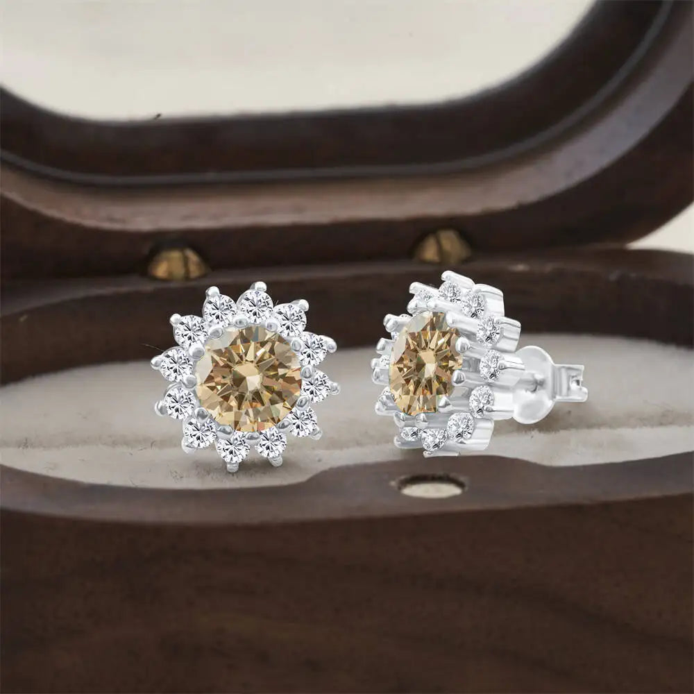 Moissanite Sunburst Halo Stud Earrings in Sterling Silver