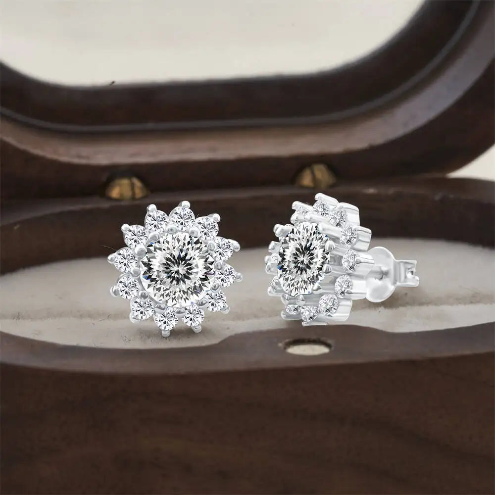 Moissanite Sunburst Halo Stud Earrings in Sterling Silver