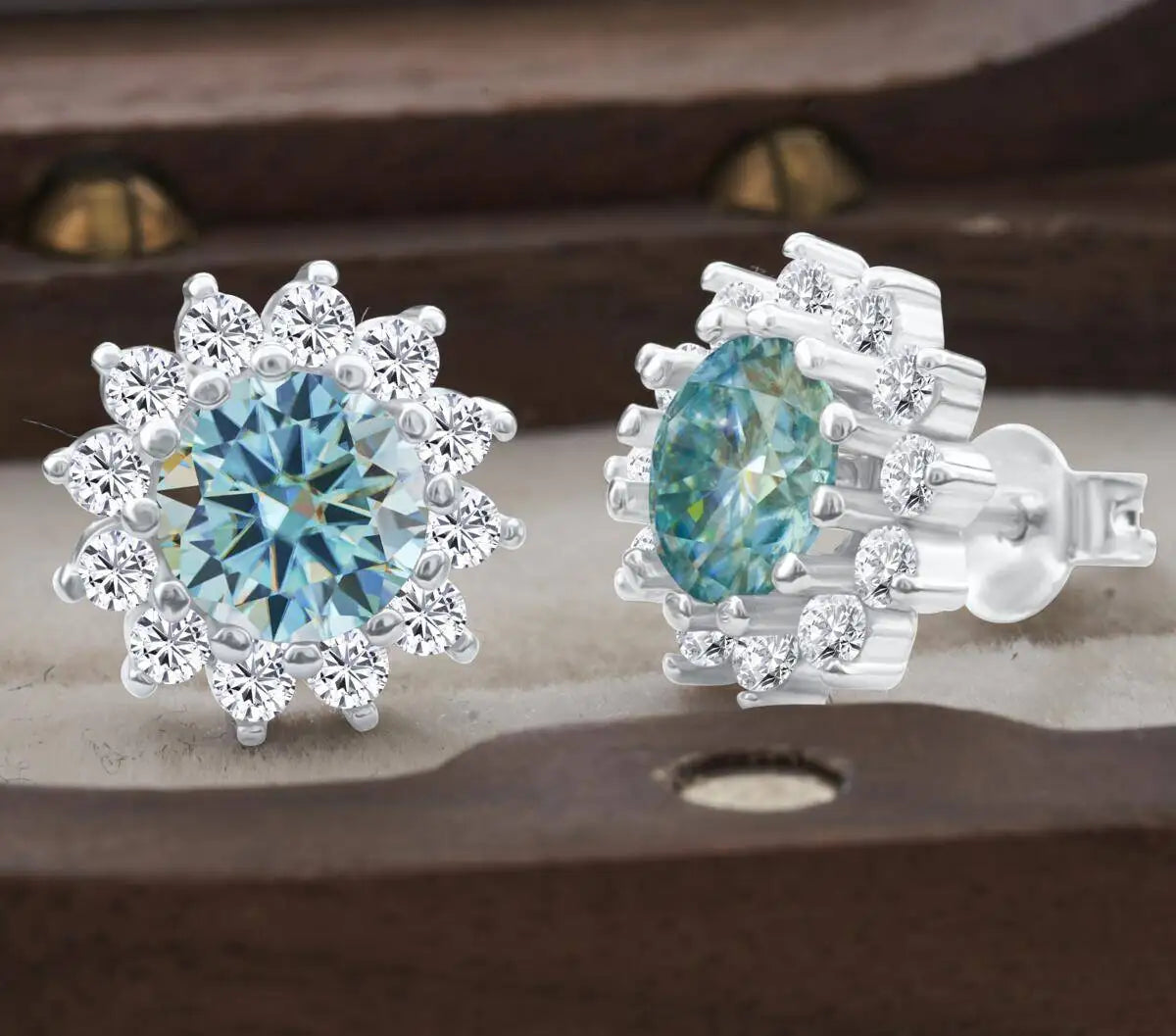 Moissanite Sunburst Halo Stud Earrings in Sterling Silver