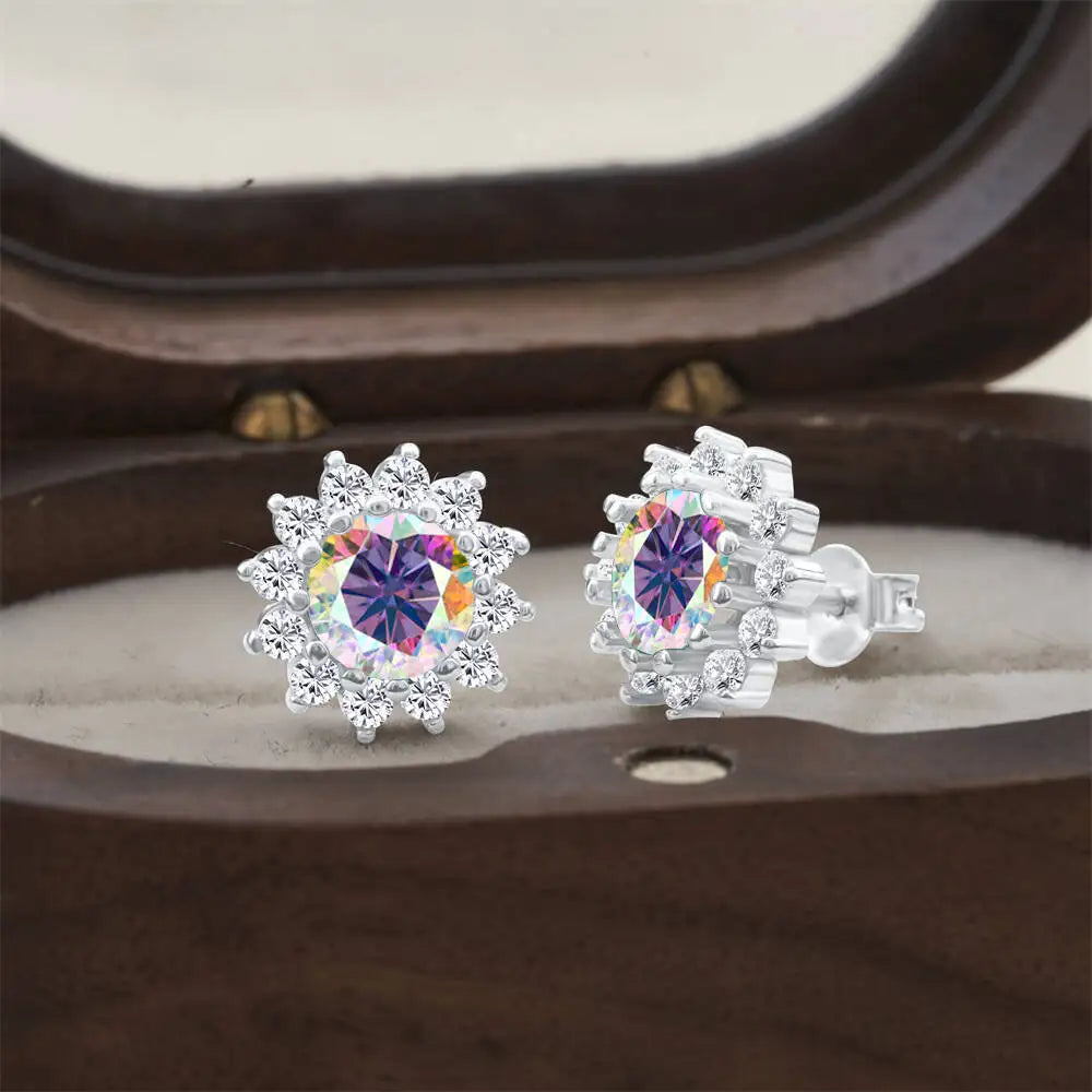 Moissanite Sunburst Halo Stud Earrings in Sterling Silver