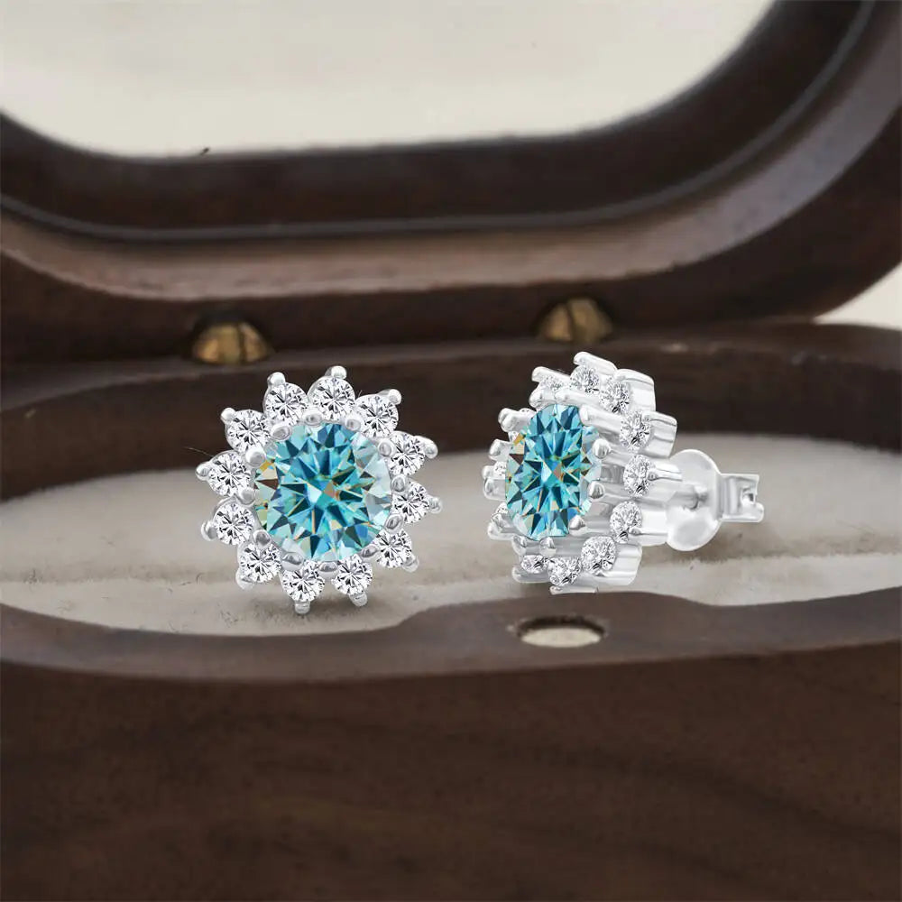Moissanite Sunburst Halo Stud Earrings in Sterling Silver