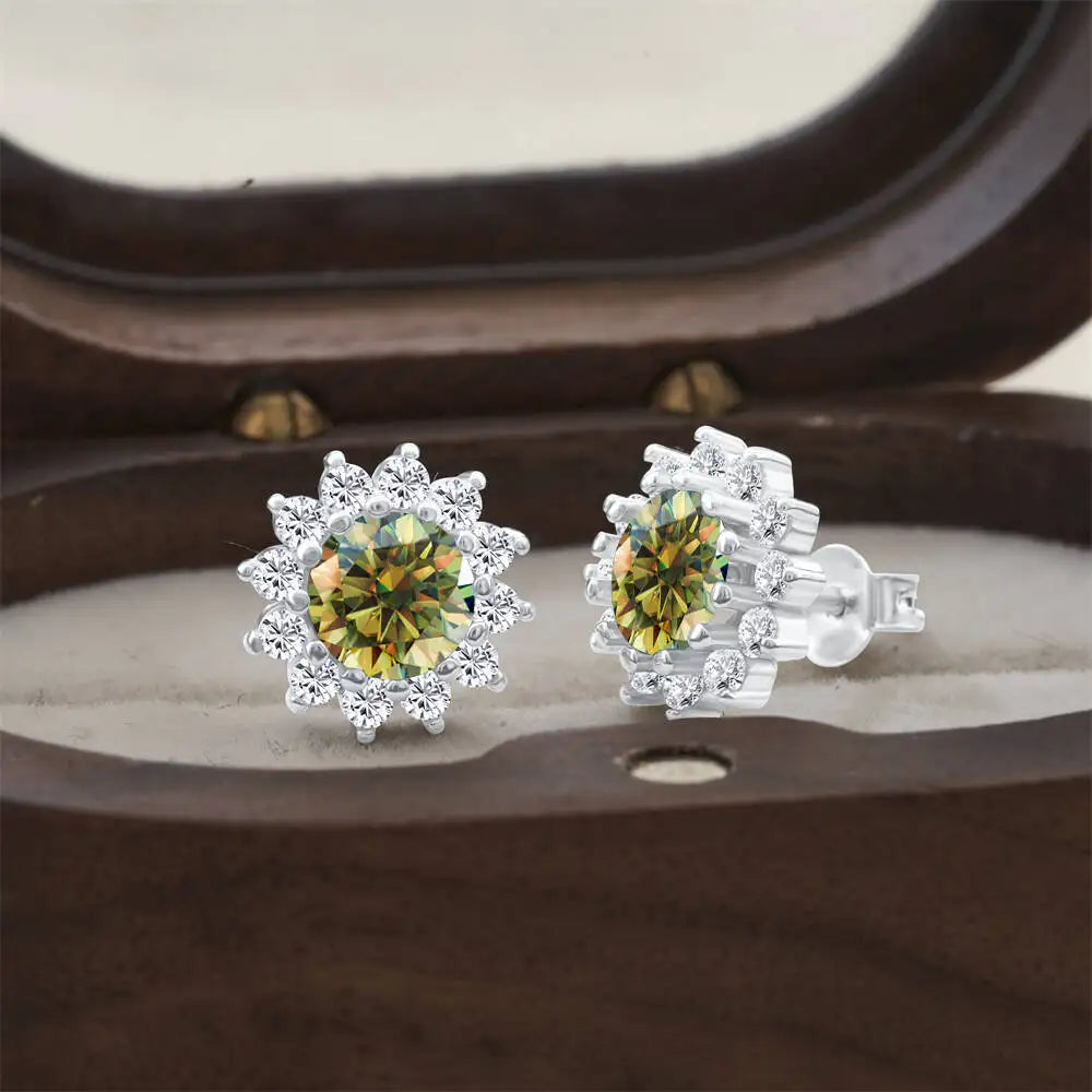 Moissanite Sunburst Halo Stud Earrings in Sterling Silver