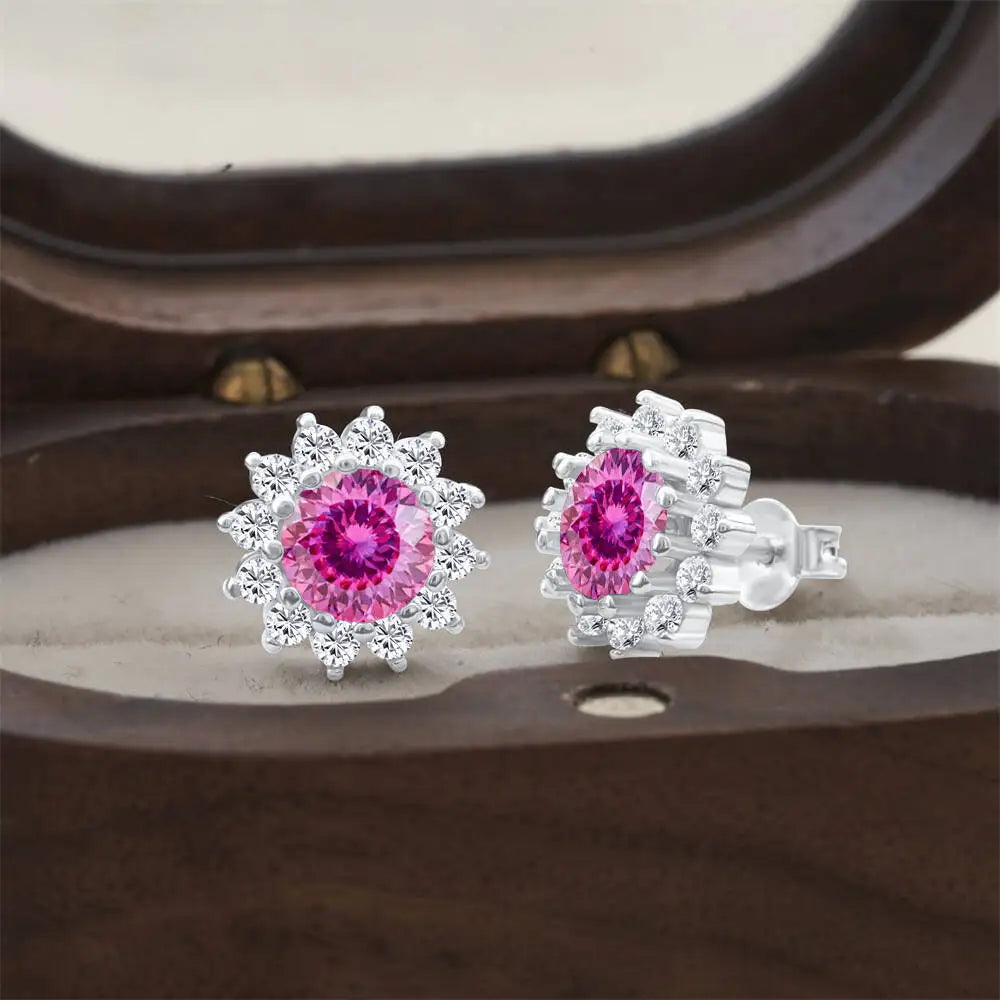 Moissanite Sunburst Halo Stud Earrings in Sterling Silver