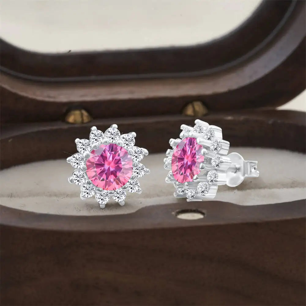 Moissanite Sunburst Halo Stud Earrings in Sterling Silver