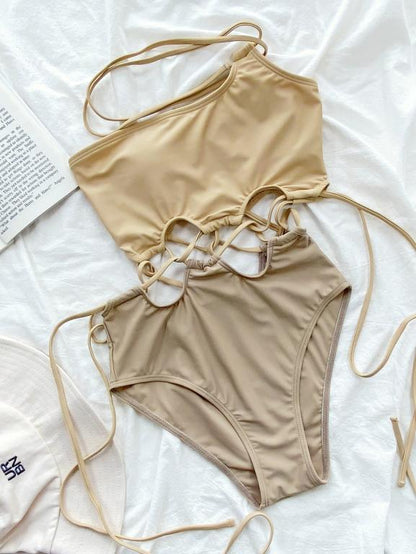 Hollow Out Cutout Out One Piece Swimsuit Women High Cut Bathing Suits Bandeau Swimwear