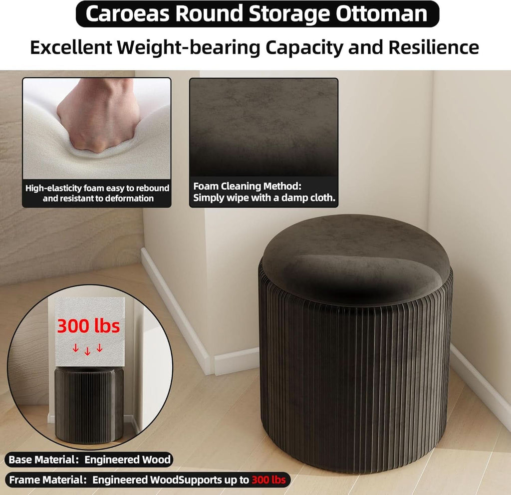 Round Velvet Storage Ottoman Black Lacquered Finish