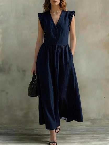 V-Neck Puff-Sleeve Dress with Pockets – Cotton Linen, 7 Colors