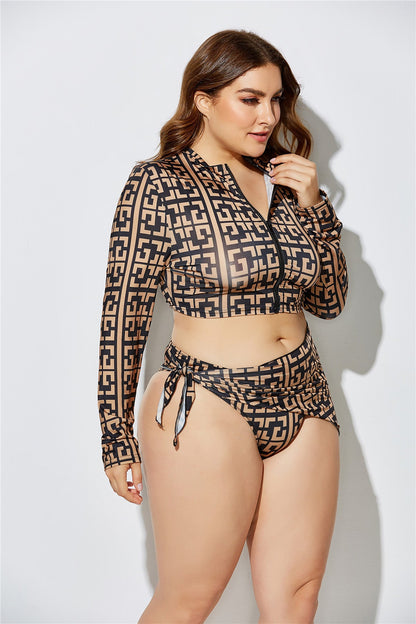 Plus Size Swimsuit Sexy Printed Bikini Split Swimsuit Headband Tie Waist Triangular Binder Three-Piece Suit
