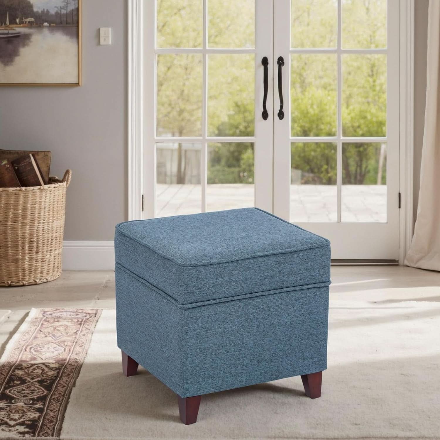 Seventeen Inch Electric Blue Storage Ottoman Hinged Lid