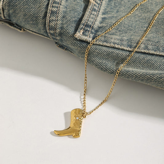 18K gold boots inlaid with gemstones and textured design trendy and unique necklace