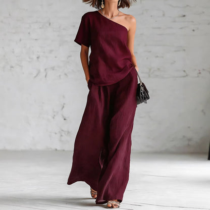 Women's Wide-Leg Pants & Top Set – 2-Piece Three-Quarter Sleeve Outfit