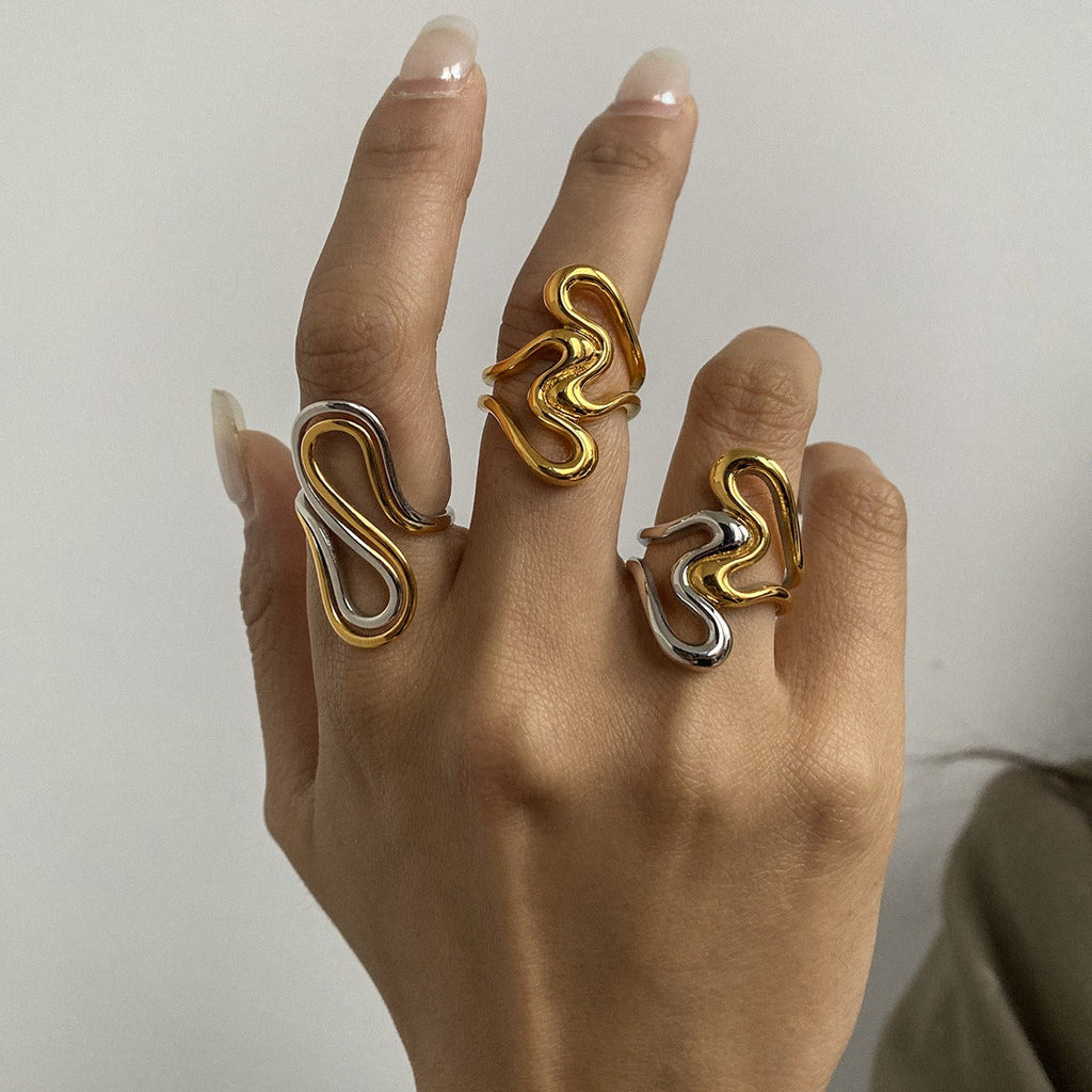 18K gold irregular lines with gold and silver color matching design unique personality ring