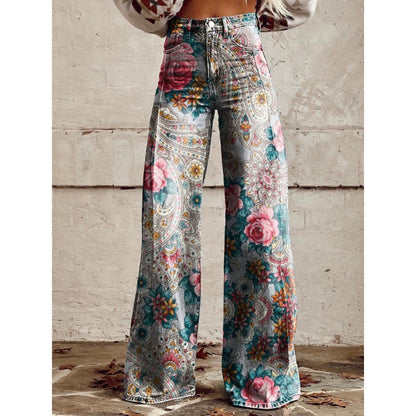 Women's Printed Flare Pants – Mid-Waist Full Length Plus Size