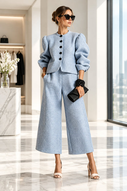 Women's Textured Puff-Sleeve Jacket & Cropped Wide-Leg Pants Set