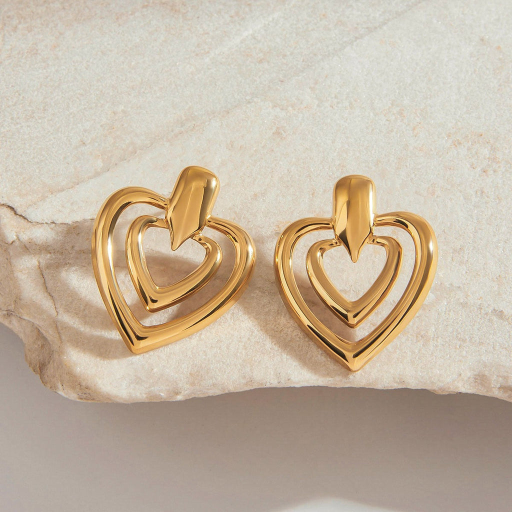18K gold double-layer heart with hollow design simple and elegant earrings