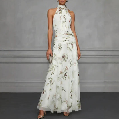 Halter Neck Printed Maxi Dress – Fitted Sleeveless Long Dress
