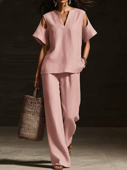 V-Neck Short Sleeve Top & Straight-Leg Pants Set – Ripped Detail, Pockets, Solid Color