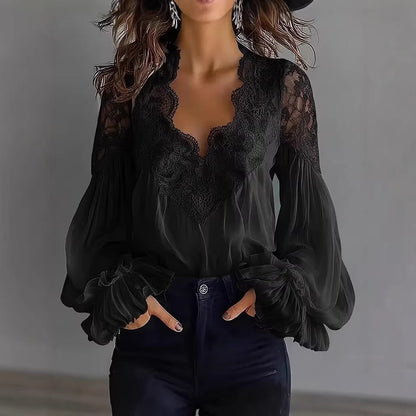 Lace-Panel Puff Sleeve Pleated Ruffle Shirt | Ballet Style