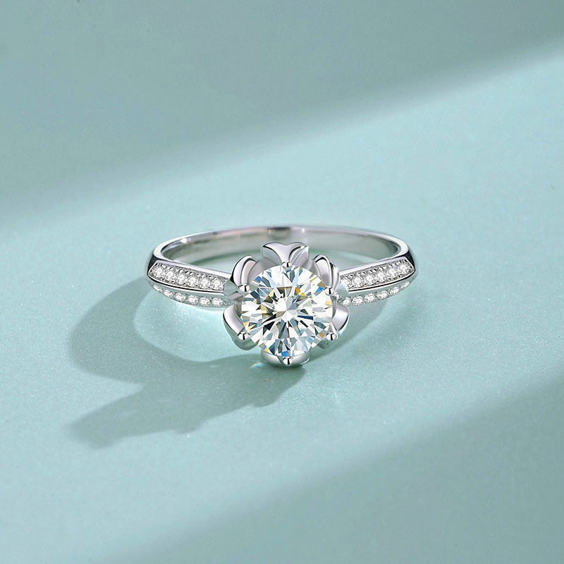 S925 Sterling Silver Anemone Flower Moissanite Diamond Ring