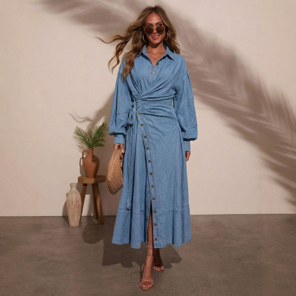 Women's Denim Puff Sleeve Shirt Dress with Belt