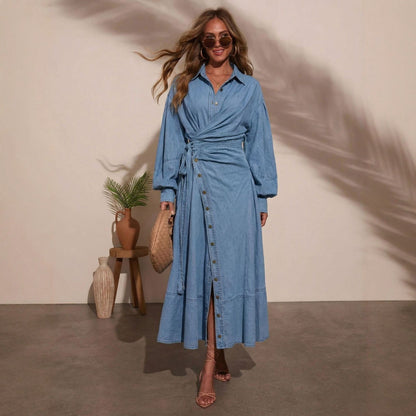 Women's Denim Puff Sleeve Shirt Dress with Belt